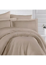 Resim Clasy Çizgili Açık Kahve Çift Kişilik %100 Pamuk Saten Nevresim Takımı Açık Kahverengi 