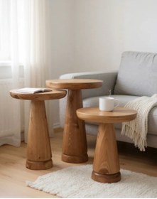 Resim ASELYA HOME Doğal Ahşap 3’lü Set Mantar Yan Sehpa Modern Fiskos Zigon Çiçeklik 