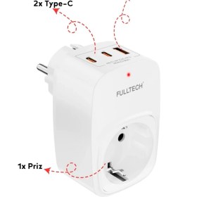 Resim Azurtech Akım Korumalı Priz 1x Priz, 2x Type-C, 1x USB Port Çıkışlı Tekli Priz 