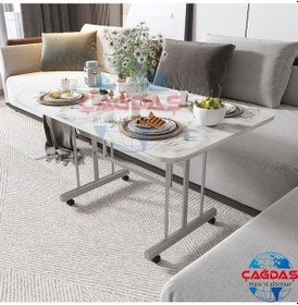 Resim Tekerlekli Masa Orta Sehpa 70x110 Cm Metal Ayak Beyaz 