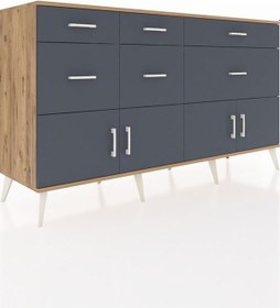 Resim Kronos Konsol Tek Raflı 6 Çekmeceli 4 Kapaklı 176x59x99 Çam-antra Çam-antrasit 