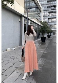 Resim Kadın Turuncu Yüksek Bel, Cepli, Kiloş Kesim, Uzun Kaşe Etek Turuncu 