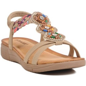 Resim Bej Hakiki Deri Taş İşlemeli Hafif Kadın Sandalet B096 Z Bej 