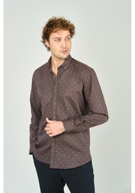 Resim De Leone Erkek Slim Fit Desenli Uzun Kollu %100 Pamuk Gömlek 2045 Kahverengi Kahverengi 