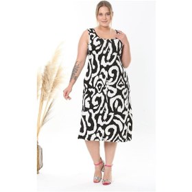 Resim Kadın Siyah Beyaz Tiger Desen Askılı Büyük Beden Elbise Siyah - Beyaz 