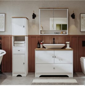 Resim Lavabolu Mdf 100Cm Çekmeceli Banyo Dlp + Aynalı Üst Dlp + Boy Dlp Beyaz - Atlantik Çam 