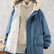 Resim Erkek Çocuklar İçin Rahat Polar Astarlı Kapüşonlu Ceket - Günlük Düz Renk, Esnemez Polyester Karışımı, Makinede Yıkanabilir, Düğmeli Kışlık Mont 