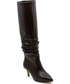 Resim Vegan 6.5 Cm Kısa Rahat Topuklu Sivri Burunlu Körüklü Uzun Kadın Çizme Koyu Kahve 