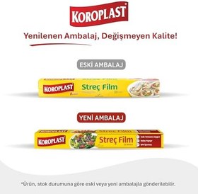 Resim Koroplast Streç Film 33 metre, Şeffaf Gıda Saklama Streci BPA İçermez, Koku Hapsi, Kapak Görevi Gören Pratik Kullanım, Taze Kahvaltılık, Yemek, Meyve ve Sebze Saklama için Kullan At Streç Film 33 mt 