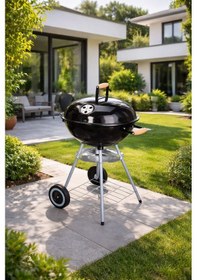 Resim Yuvarlak Kömürlü Mangal Ahşap Kulplu Tekerlekli Mangal 44 Cm 