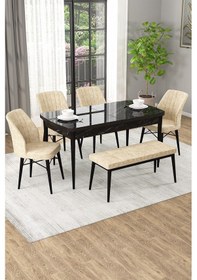 Resim Arel Siyah Mermer 80x132 Açılabilir Mdf Masa Yemek Odası Takımı, Mutfak Takımı 4 Sandalye, 1 Bench Siyah Mermer - 4+1 Krem - Siyah Ayak 