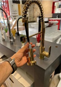 Resim Fleko Gold Fonksiyonlu Endüstriyel Eviye Bataryası Mutfak Musluğu Gold 