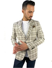 Resim AGUSTİNİ Ekru Renk Ekose Blazer Tek Ceket Sivri Yaka Regular Fit | Agustini 