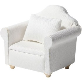 Resim Yaozixa 1:12 Minyatür Ev Dekorasyonu Beyaz Kumaş Tekli Koltuk + Yastık - Ahşap Mini Masaüstü Modeli 