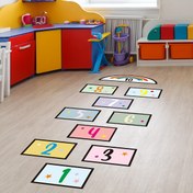 Resim 1 adet Karikatür Temalı Vinil Hopscotch Zemin Çıkartması, Yatak Odası, Oturma Odası, Kreş için Yeniden Kullanılabilir Kendinden Yapışkanlı Numaralı Atlama İpi Matı - Parlak Bitiş, Düzensiz Şekil, Plastik Yüzey Uyumlu 