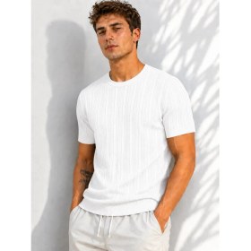 Resim ribana Erkek Bisiklet Yaka Kısa Kollu Esnek Örme Triko T-Shirt 26091 