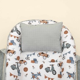 Resim Babynest ve Yastık - Çift Taraflı - Petrol Mavisi Muslin - Araçlar 