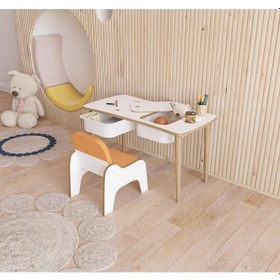 Resim Fahrettin Küçük Montessori Çocuk Masası Oyun Masası Aktivite Masası Çalışma Masası - Puf Koltuklu Turuncu 