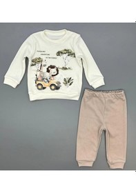Resim Erkek Bebek Orman Hayvanları Baskılı Alt Üst İkili Gündelik Takım Bej 