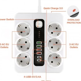 Resim Azurtech Akıllı Priz 3000W 10 Amper 6 Lı Priz 2 Metre Çoklu Priz 4 USB 2 Type C Pd Girişli Hızlı Şarj Istasyonu 