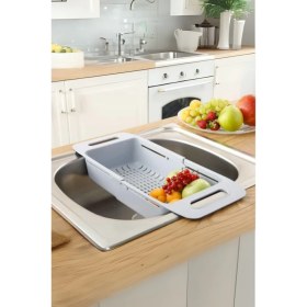 Resim Sürgülü Ayarlanabilir Pratik Lavabo Süzgeci, Uzun Kısa Ayarlı Evye, Meyve Sebze Salata Yıkama 