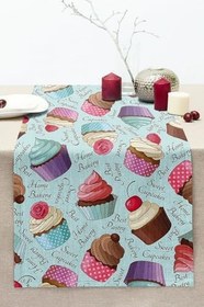 Resim RealHomes Renkli Cupcake Desenli Dijital Dikişli Raşel Örme Runner 