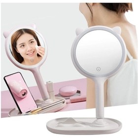 Resim Bucuks Kedi Kulaklı Telefon Standlı Yuvarlak Dokunmatik Led Ayarlı Masa Üstü Makyaj Aynası Renkli 