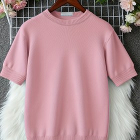 Resim Kadınlar için Lavanta Rengi Yuvarlak Yaka Kısa Kollu Kazak - Dar Kesim Kedi Baskılı Günlük Üst, %100 Polyester Makinede Yıkanabilir İlkbahar Yaz Sonbahar 