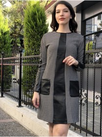 Resim Ayhan Kadın Deri Detaylı Puantiyeli Elbise 