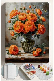Resim Su'lepas Sayılarla Boyama Seti Numaralı Tuval Fırça Boya 40x50 Cm - Turuncu Güller 
