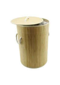 Resim Yuvarlak Bambu Ahşap Kirli Çamaşır Sepeti 35x60cm Seyyar Kapaklı İçi Bezli İp Kulplu 5570 