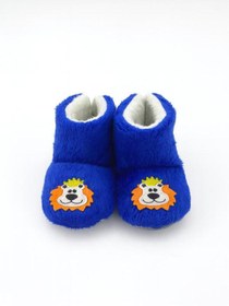 Resim Kiçi Kaydırmaz Taban, Organik, Pamuk Astarlı, Terletmez, Üşütmez Mavi Aslan Desenli Bebek Pandufu 