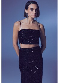 Resim Sateen İp Askılı Payet Crop - Siyah-135639 Siyah 