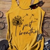 Resim Kadınlar için Günlük Kolsuz Tank Top - Hardal Sarısı "Sadece Nefes Al" Karahindiba Grafik Baskılı, Rahat Kesim Yuvarlak Yaka, Orta Esneklikte Makinede Yıkanabilir Kumaş İlkbahar Yaz Sonbahar İçin, Bayanlar Tank Üstleri, Bahar Modası, Eğlenceli Tasarım, Nefes Alan Malzeme 