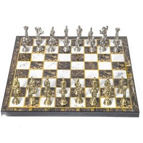 Resim Lüks Metal Satranç Takımı Krom Kaplama Roma Ordusu Figür & Kehribar Mermer Desenli Tahta 20 Cm. 