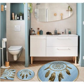 Resim Mavi, Küpe Desenli Kaymaz, Taban Banyo Paspası-(100X100 - 60X60 - 40X60 Cm) 3'Lü Set Çok Renkli 