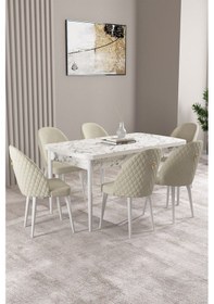 Resim Milas Beyaz Mermer Desen 80x132 Mdf Açılabilir Yemek Masası Takımı 6 Adet Sandalye Krem 