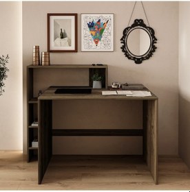 Resim Amber Çalışma Masası Raflı, Modern Bilgisayar Masası Ceviz 