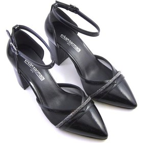 Resim Molly Siyah Rugan Taşlı Fileli Kalın Topuklu Ayakkabı Siyah Rugan 