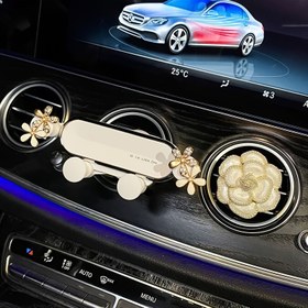 Resim Şık Bling Çiçek Araba Telefon Tutucu - Çift Çiçek Tasarımı, Parıldayan Taş Ayrıntılar, Kadın Araçları İçin Uygun, Sevimli Karikatür Tarzı, Beyaz ve Siyah Renklerde Mevcut, Araba Telefon Tutucu 