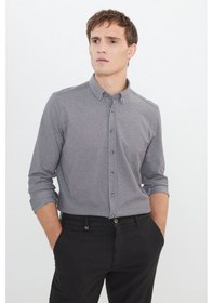 Resim AC&Co / Altınyıldız Classics Erkek Grı Pamuklu Örme Slim Fit Dar Kesim Düğmeli Yaka Gömlek Gri 