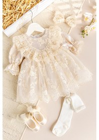 Resim Güpürlü 4'lü Kız Bebek Mevlüt Elbise Seti Krem 