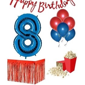 Resim 8 Yaş Kırmızı-mavi Balon Rakam Folyo Banner Mısır Kutusu Masa Et 