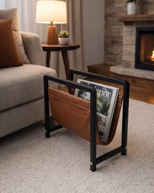 Resim TodekHome Linia Modern Metal Dergilik - Deri Detaylı Dekoratif Gazetelik ve Kitaplık 