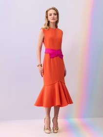 Resim Orange Ruffled Skirt Crepe Dress - 38 