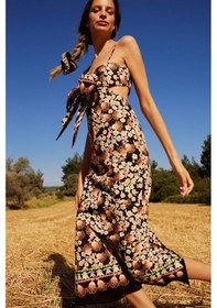 Resim Defacto Lug Von Siga x DeFacto Bodycon Desenli Askılı Poplin Midi Elbise C1297AX24SMBK81 