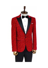 Resim Wessi Leopar Desenli Slim Fit Dik Yaka Bordo Erkek Balo Ceketi Bordo 