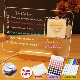 Resim XD-TOPQC Akrilik LED Masa Düzenleyici | USB ile Çalışan Şeffaf Yazı Tahtası Çok Renkli Markerlar, Silgi Bezi ve Etiketler ile | Ev & Ofis için Modern Dekoratif Not Planlayıcısı | Havlu & Etiket Stickerları Dahil | Yapılacaklar Listeleri & Doğum Günü Hatırlatmaları, Ofis Malzemeleri ve Aksesuarları İçin İdeal 