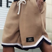 Resim Erkekler için daha büyük beden rahat desenli örme şortlar, renk bloğu tasarımı, bağcıklı bel ve çoklu cepli - Nefes alabilen polyester waffle kumaşı, düzenli fit, hafif esneklik, 250gsm - Yazlık dış mekan giyimi, daha büyük beden şortlar, DÜŞÜK ÜÇGEN 