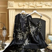 Resim Kadınların Seksi Kiraz Baskılı Saten Sabahlık Seti, %100 Polyester, Tüm Mevsim Kollu Uyku Giysileri, Dokuma Kumaş, 90g/m², 2 Parça Lounge Giyim Seti 